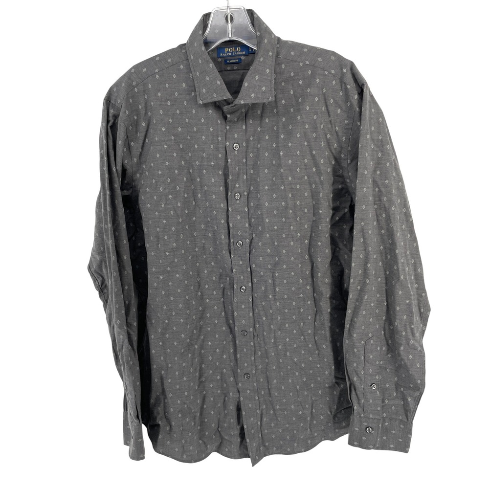 Polo‎ Ralph Lauren Classic Fit Button Shirt Mens Large Gray Diamond Pattern - Picture 2 of 9